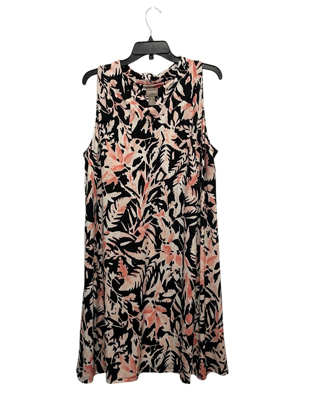 Chico's 3 US XL sleeveless jersey knit swing dress pink black floral print NEW